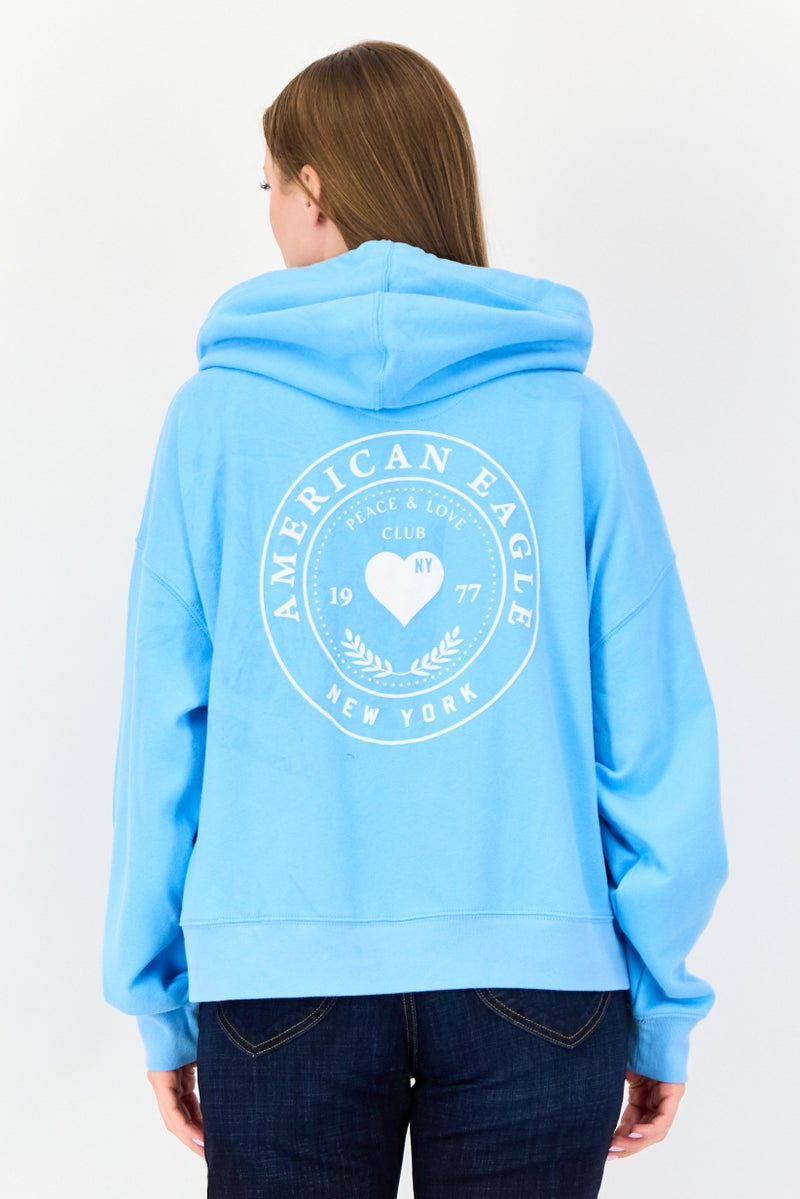 American Eagle Women Brand Logo Long Sleeve Full Zip Hoodies, Blue - Image 3